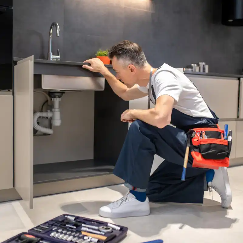 A maintenance worker kneels beside a modern kitchen sink, inspecting the plumbing while surrounded by various tools in a kit