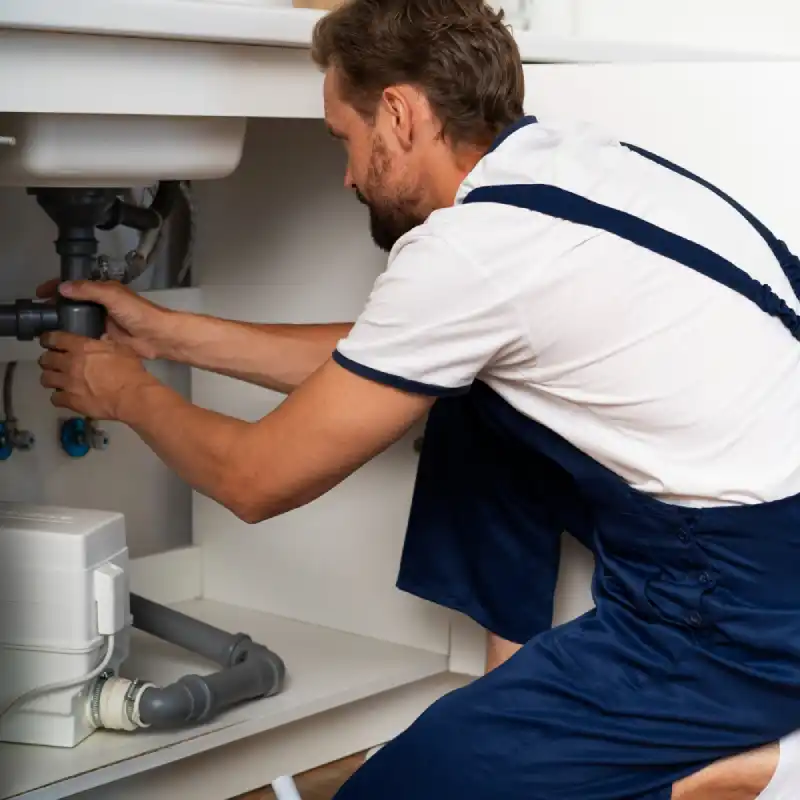 A person in blue overalls works under a sink, adjusting pipes and fittings, with various plumbing materials scattered around