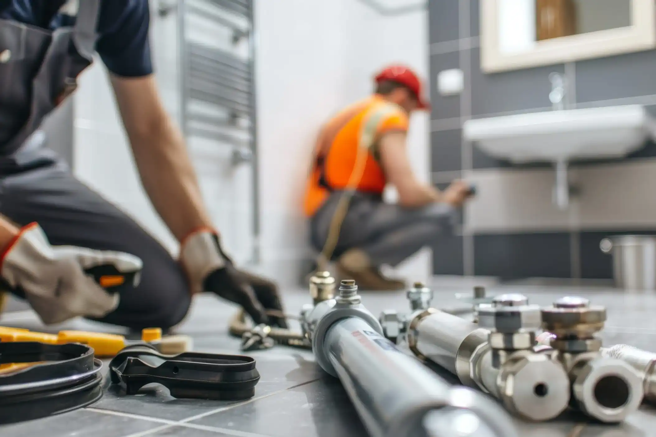 Professional plumber fixing bathroom floor pipes with tools in a service repair setting